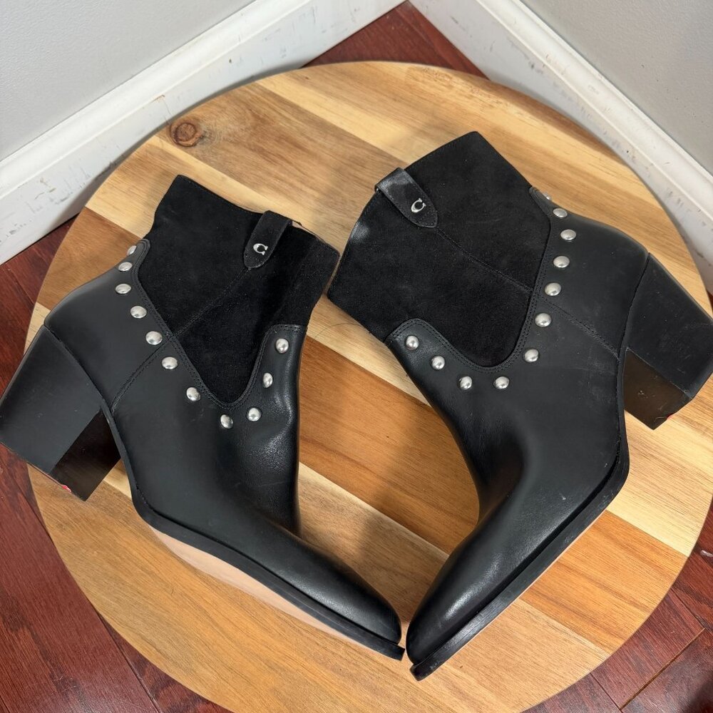 COACH Women's CM600 Black Leather Suede Studded Western Ankle Bootie Size 10B - Picture 8 of 11